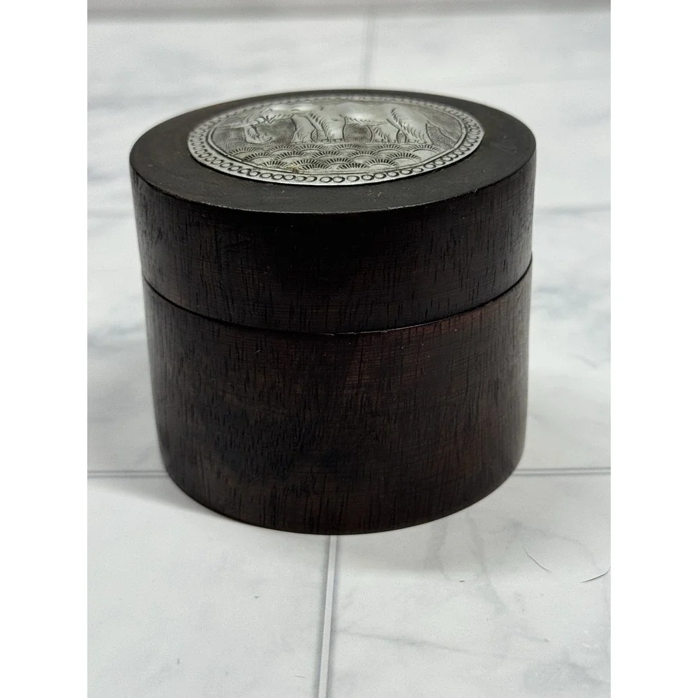 VTG Rich Dark Wooden Trinket Box With Tin Elephant Medallion On Lid 2.5